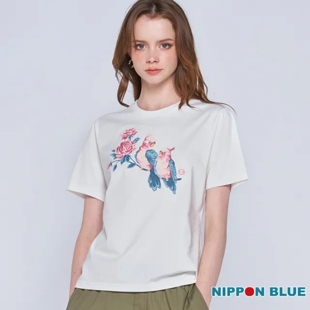 【BLUE WAY】女裝 金標玫瑰粉鸚鵡繡花 短袖 上衣-日本藍