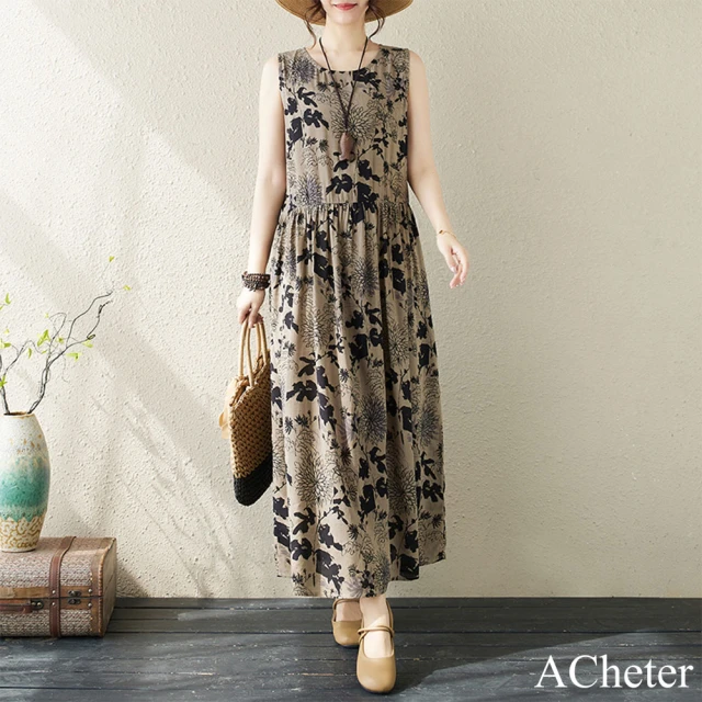 【ACheter】可哥波西米亞長裙無袖圓領印花連身裙洋裝#121357(可可)