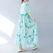 【ACheter】簡約天藍時尚波西米亞長裙短袖圓領印花連身裙洋裝#121356(天空藍)