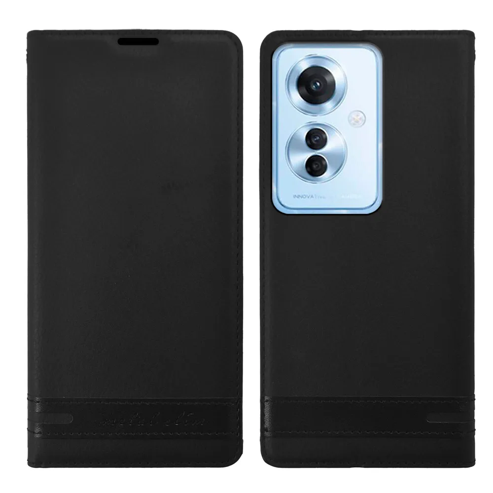 【Metal-Slim】OPPO Reno 11F 5G 荔枝紋雙料隱磁TPU站立皮套