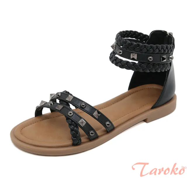 【Taroko】鉚釘金屬羅馬交錯一字平底涼鞋(3色可選)