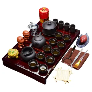 【AnDa 安達】整套實木茶盤茶具套裝 功夫茶具套裝 紫砂功夫茶具 柯木茶盤套裝(紫砂純黑套組)