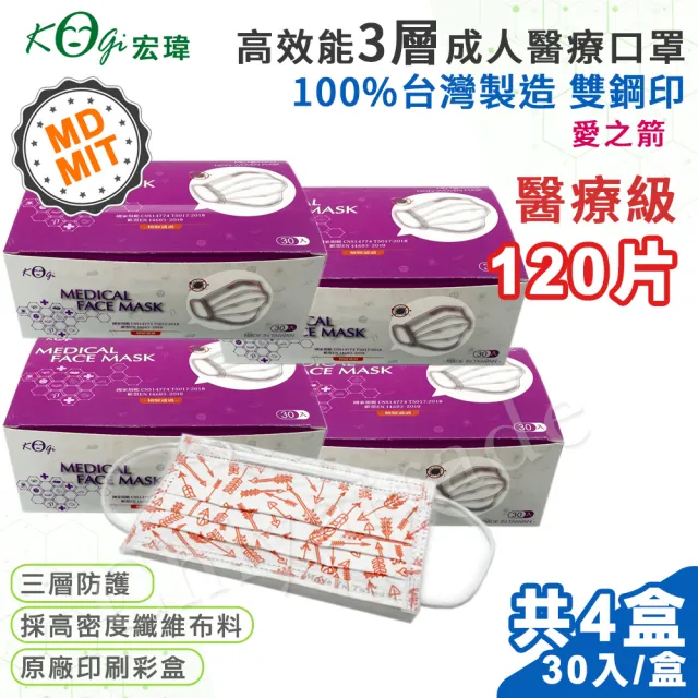 【宏瑋 限量】台灣製 MD+MIT 雙鋼印 高效能三層不織布 醫療級 醫用成人口罩x4盒(30入/盒;愛之箭)