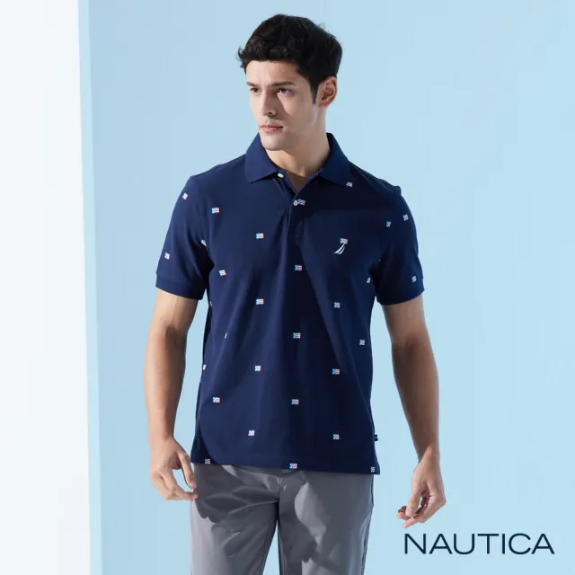 【NAUTICA】男裝 滿版國旗刺繡短袖POLO衫(深藍)