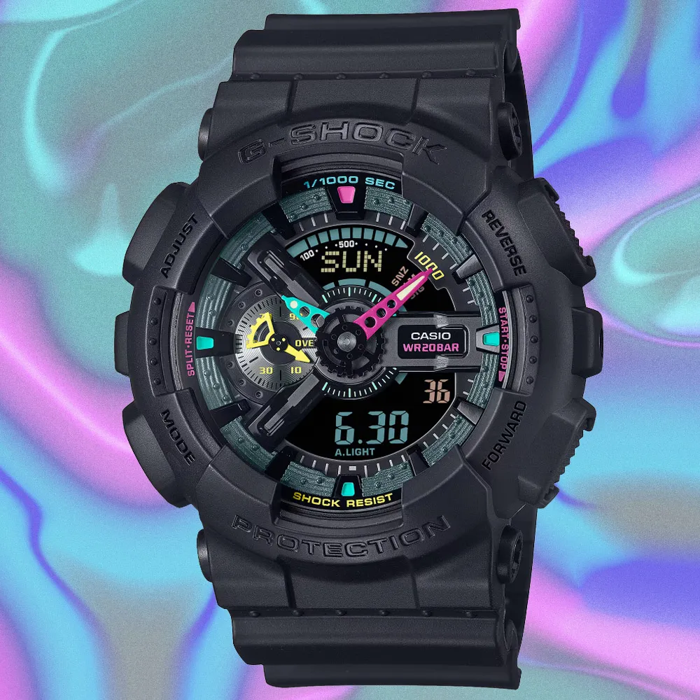 【CASIO 卡西歐】G-SHOCK 螢光色彩 虛擬世界雙顯腕錶 送禮推薦 禮物(GA-110MF-1A)