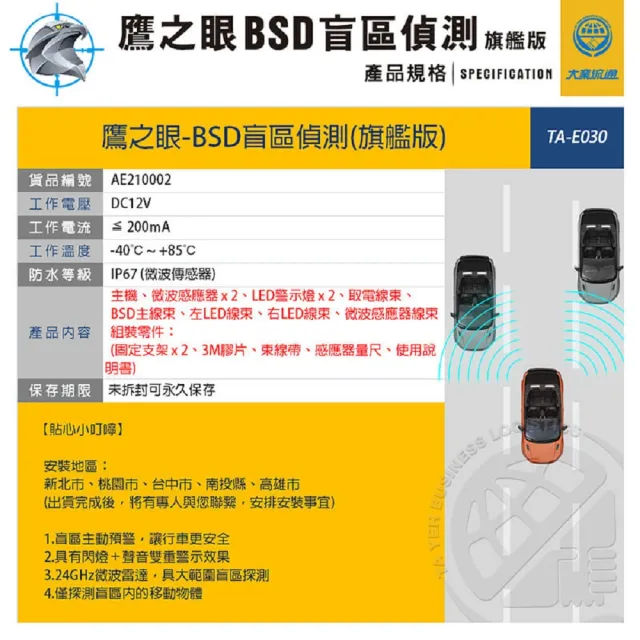 【鷹之眼】含到府安裝 BSD汽車盲點偵測輔助警示系統-旗艦版(AI智慧偵測 開門預警 盲區預警 雙安全警示)