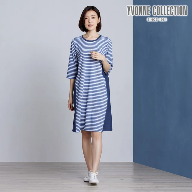 YVONNE 以旺傢飾 條紋拼接七分袖洋裝(藍)