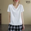 【初色】日系簡約文青風素色V領短袖T恤上衣女上衣-共6色-33563(M-4XL可選)