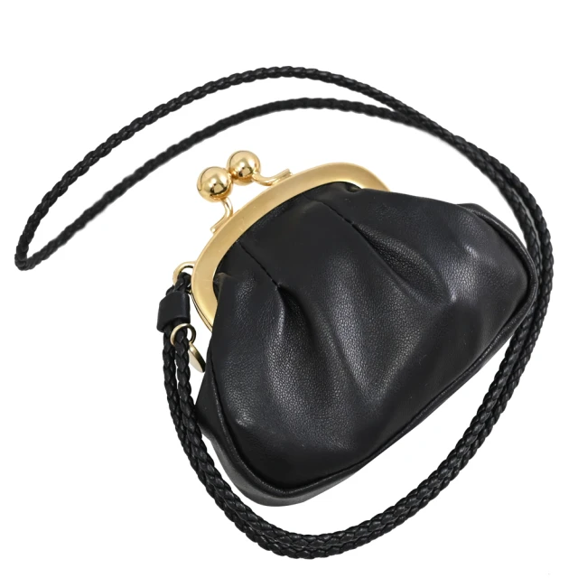MIU MIUMIU MIU 簡約LOGO吊飾織織繩頸掛式復古珠扣零錢包(黑)