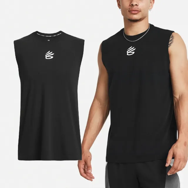 【UNDER ARMOUR】背心 Curry Tank Top 男款 黑 白 彈性 寬鬆 咖哩 無袖上衣 運動 籃球 UA(1383377001)