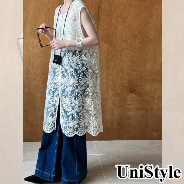 【UniStyle】刺繡緹花鏤空罩衫 韓版無袖歐妮風 女 UV8658(綿羊杏)
