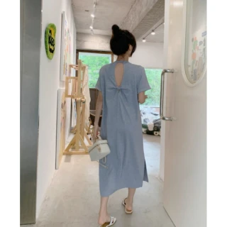 【UniStyle】露背短袖洋裝 韓系純色開叉連身裙 女 ZMC033-Q453(花灰)