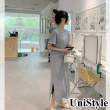 【UniStyle】露背短袖洋裝 韓系純色開叉連身裙 女 ZMC033-Q453(花灰)