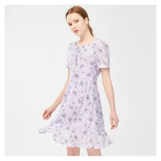 【MYVEGA 麥雪爾】MA小花印花Aline荷葉裙擺短洋裝-淺紫