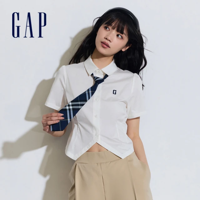 GAPGAP 女裝 Logo短版翻領短袖襯衫-白色(873201)