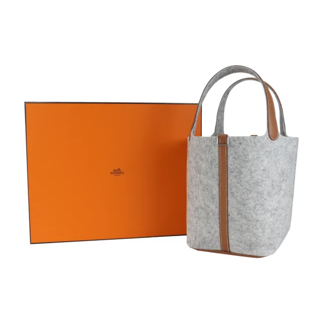 【Hermes 愛馬仕】Picotin Lock 22cm 牛皮拼接毛呢水桶包(AD灰/Z刻/銀釦)