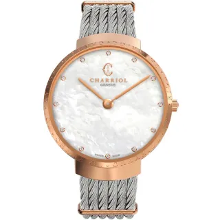 【CHARRIOL 夏利豪】Slim系列玫瑰金鑽石鋼索腕錶/珍珠母貝面 34mm(ST34CP.560.015)