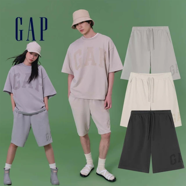 GAP 男女同款 Logo抽繩鬆緊短褲 碳素軟磨法式圈織系列-深灰色(889603)