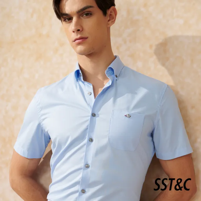 【SST&C 新品９折】藍色素面彈力標準版短袖襯衫0412402008