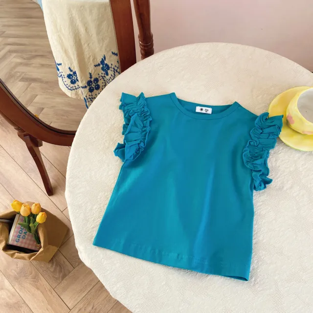 【MANI 瑪尼】女童純棉素色上衣捲邊花袖上衣(女童短袖純棉素色上衣)