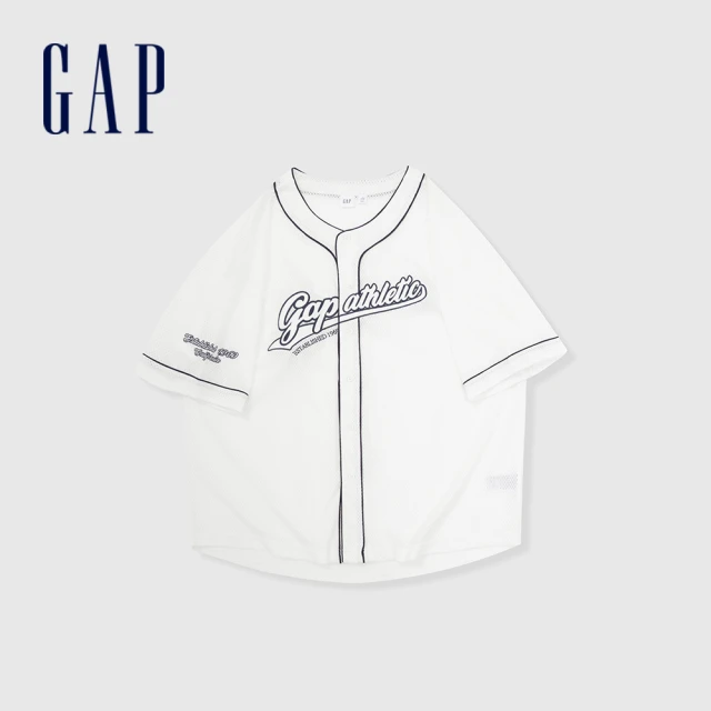 【GAP】男裝 Logo印花圓領棒球短袖襯衫-白色(877624)