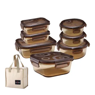 【CorelleBrands 康寧餐具】琥珀色耐熱玻璃保鮮盒超值7件組(贈 保溫提袋)