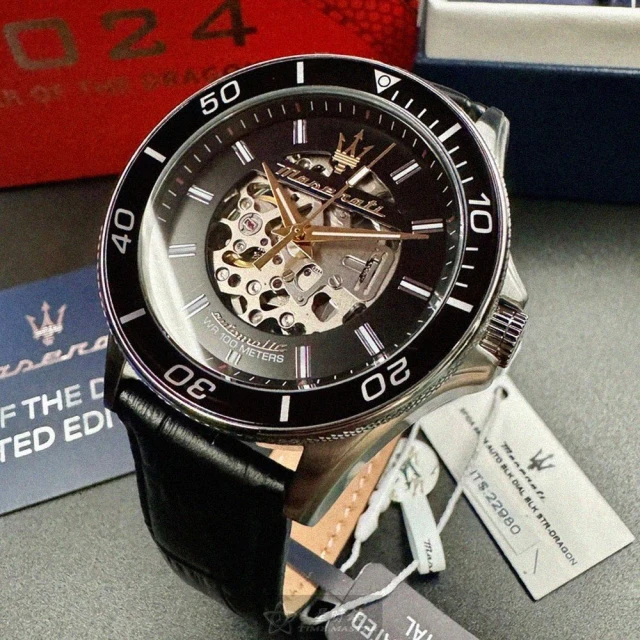 MASERATI 瑪莎拉蒂MASERATI 瑪莎拉蒂 MASERATI手錶型號R8821140003(黑色雙面機械鏤空錶面銀錶殼深黑色真皮皮革錶帶款)