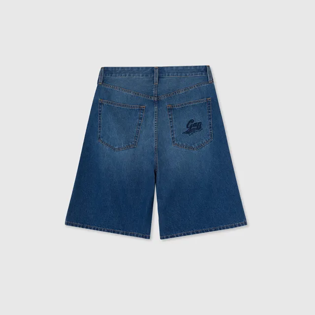 【GAP】男裝 Logo純棉寬鬆牛仔短褲-深藍色(889900)