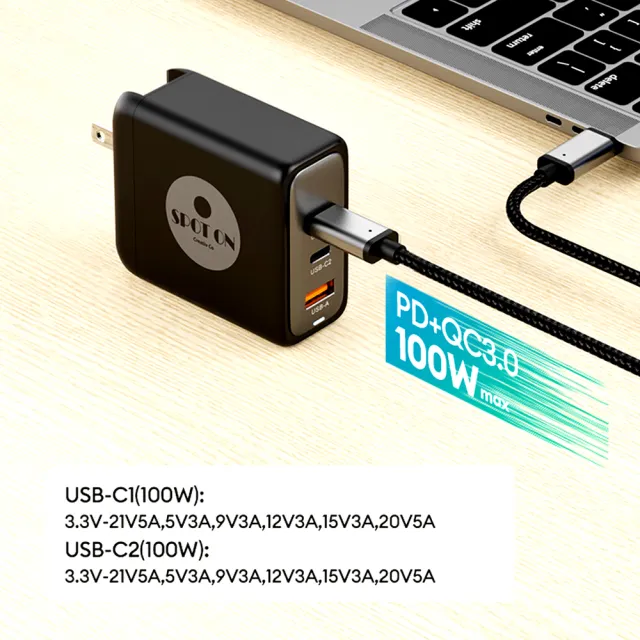 100W GaN氮化鎵PD+QC3.0三孔2C1A快充充電器/筆電快充+C to C 100W充電線(支援MAC/iPhone)