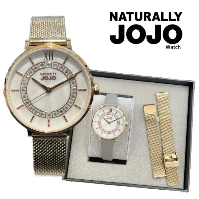 【NATURALLY JOJO】珍珠母貝 典雅彩鑽  真皮手錶 -白灰色34mm(JO96994-81R)