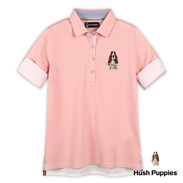 Hush Puppies 女裝 POLO衫 知性假兩件袖開岔刺繡狗短袖POLO衫(粉橘 / 43201103)