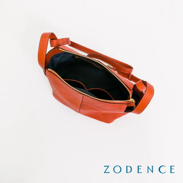【ZODENCE 佐登司】HAN義大利植鞣革方塊拉鍊斜背包(橘紅)