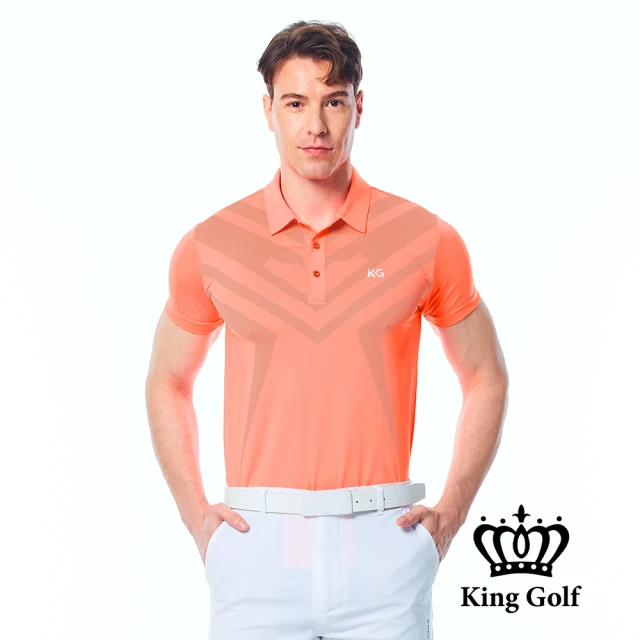 KING GOLF 實體同步款-男款胸前大圖線條印圖KG印花短袖POLO衫/高爾夫球衫(螢光桔)