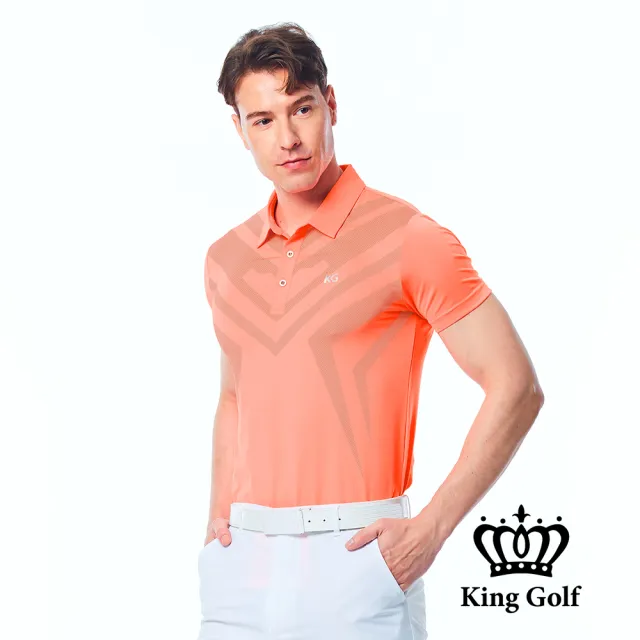 【KING GOLF】實體同步款-男款胸前大圖線條印圖KG印花短袖POLO衫/高爾夫球衫(螢光桔)