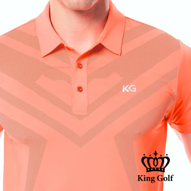 【KING GOLF】實體同步款-男款胸前大圖線條印圖KG印花短袖POLO衫/高爾夫球衫(螢光桔)