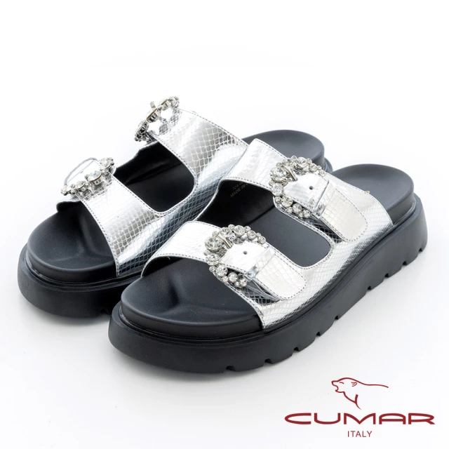 【CUMAR】壓紋皮革小鑽扣厚底涼拖鞋(銀色)