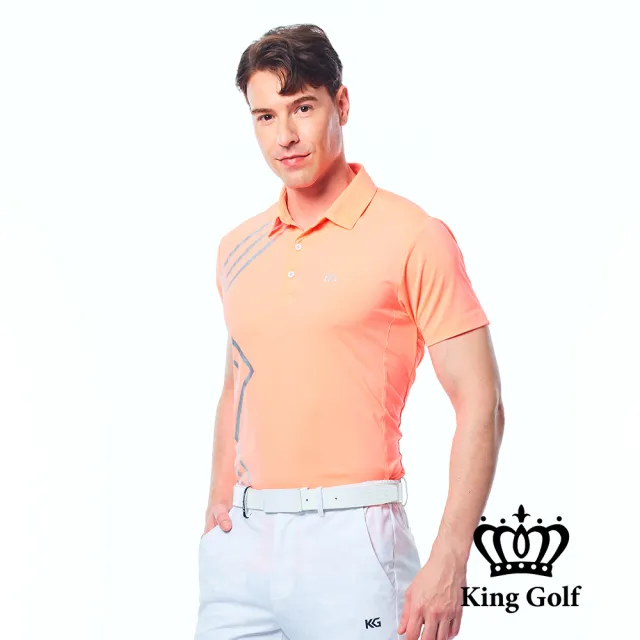 【KING GOLF】實體同步款-男款科技線條印花KG燙標透氣洞洞拼接短袖POLO衫/高爾夫球衫(橘色)