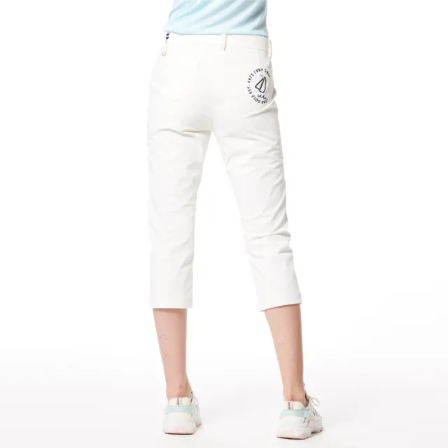 【Lynx Golf】女款日本進口布料抗UV接觸冷感機能織帶剪接設計帆船繡花造型窄管七分褲(二色)