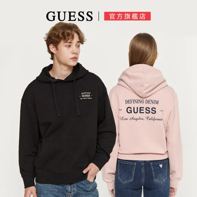 【GUESS】背面印花LOGO休閒連帽落肩帽T(三色任選)