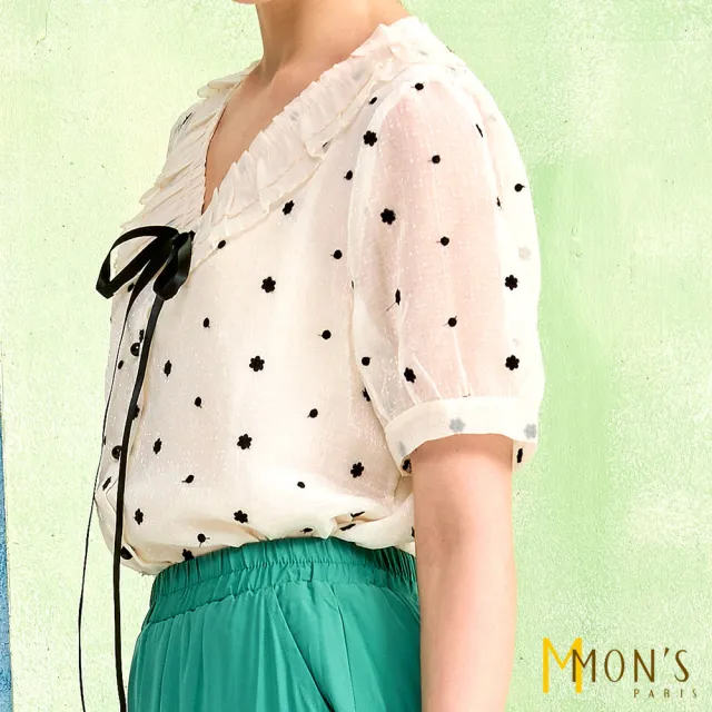 【MON’S】雙層荷葉領綁帶波點上衣