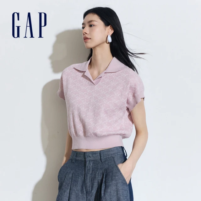 【GAP】女裝 Logo翻領短袖針織毛衣-淺粉色(874315)