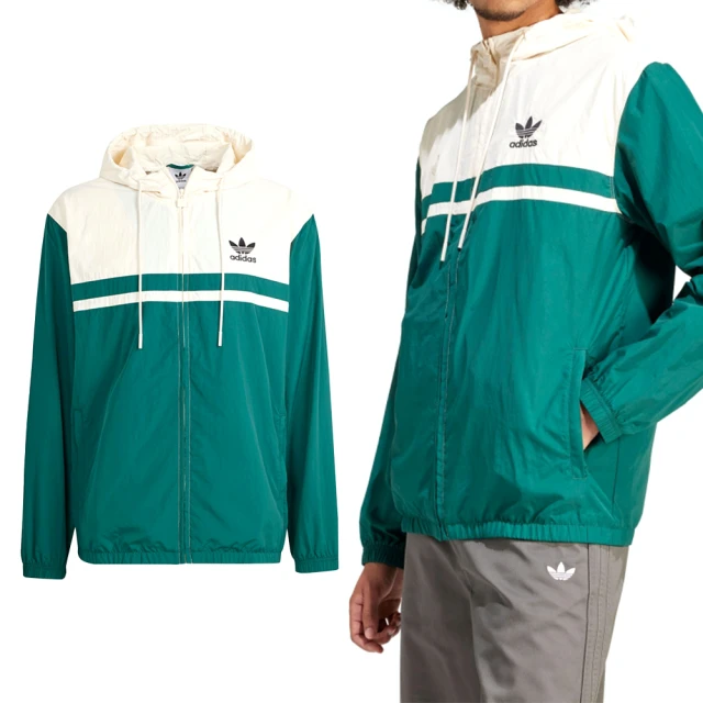 adidas 愛迪達 Windbreaker 男款 白綠色 百搭 拼接 連帽 拉鍊 運動 休閒 外套 IU0201