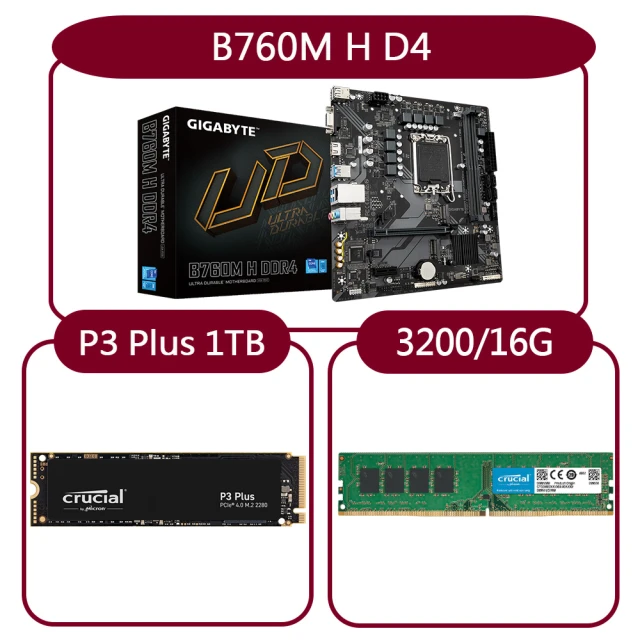 GIGABYTE 技嘉 組合套餐(技嘉 B760M H DDR4+美光DDR4 3200/16G+美光P3 Plus-1TB SSD)