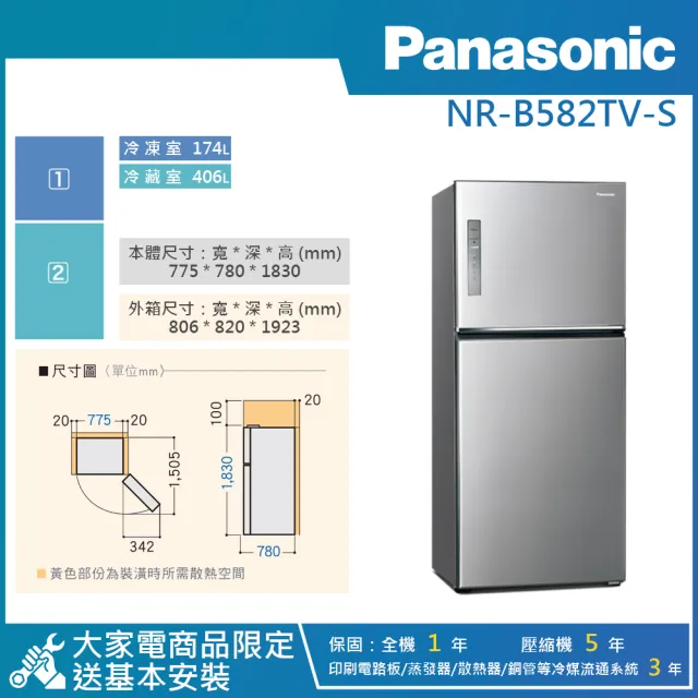 【Panasonic 國際牌】580公升 一級能效智慧節能右開雙門冰箱(NR-B582TV)