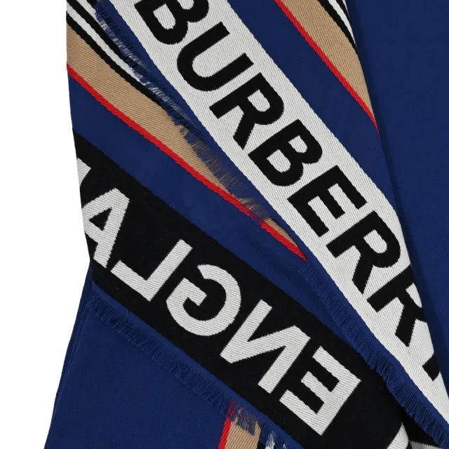 【BURBERRY 巴寶莉】經典品牌LOGO撞色條紋印花保暖披肩長圍巾(藍)