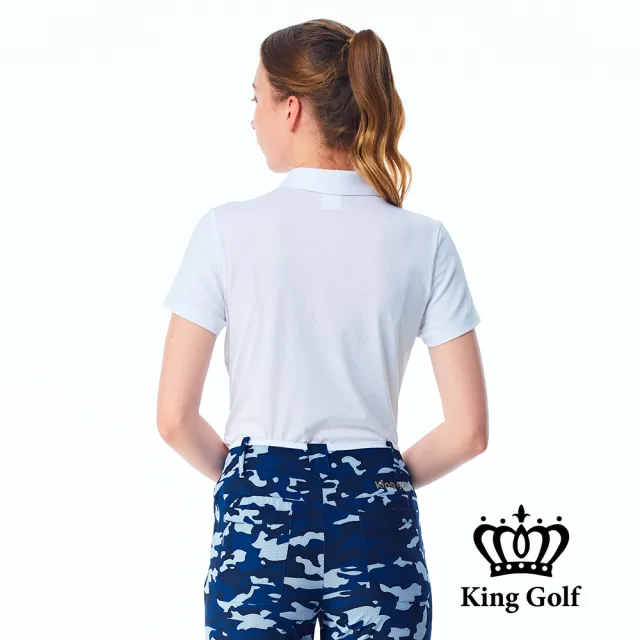 【KING GOLF】實體同步款-女款素色燙銀線條透氣POLO衫/高爾夫球衫(白色)