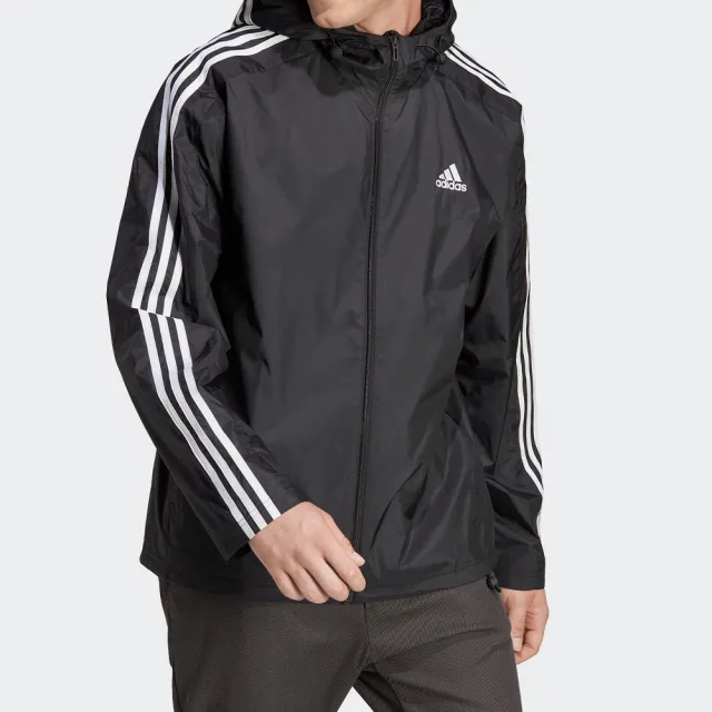 【adidas 愛迪達】M 3S WB 男款 黑色 立領 基本款 防潑水 連帽 風衣 運動 外套 IB0381