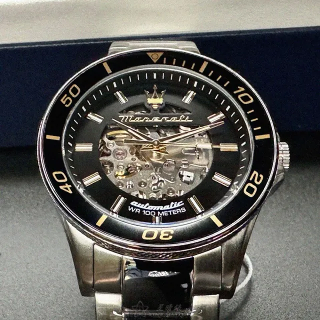 【MASERATI 瑪莎拉蒂】MASERATI手錶型號R8823140008(黑色雙面機械鏤空錶面銀錶殼銀色精鋼錶帶款)