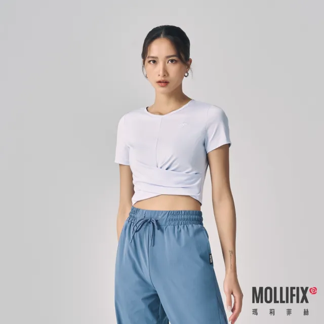 【Mollifix 瑪莉菲絲】下擺交疊短袖上衣、瑜珈服、瑜珈上衣、運動服(灰藍)