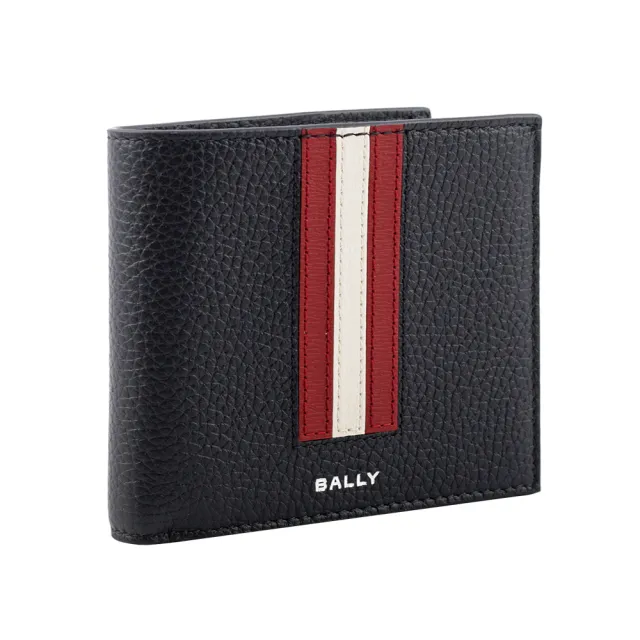 【BALLY】Ribbon 紅白條紋牛皮對開零錢袋短夾(黑色)